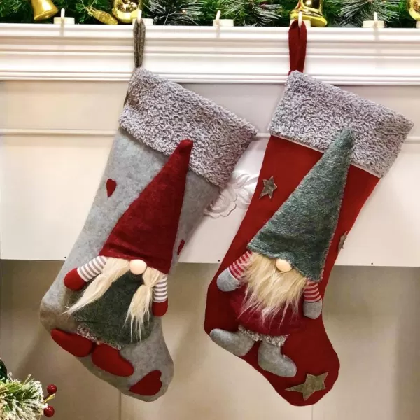 imageHopearl 2 Pcs 20 Christmas Gnome Stockings Set 3D Mr and Mrs Swedish Tomte Nisse Couple Holders with Plush Cuff Gift Bags for Kids Holiday Fireplace Hanging Xmas Party Decorations