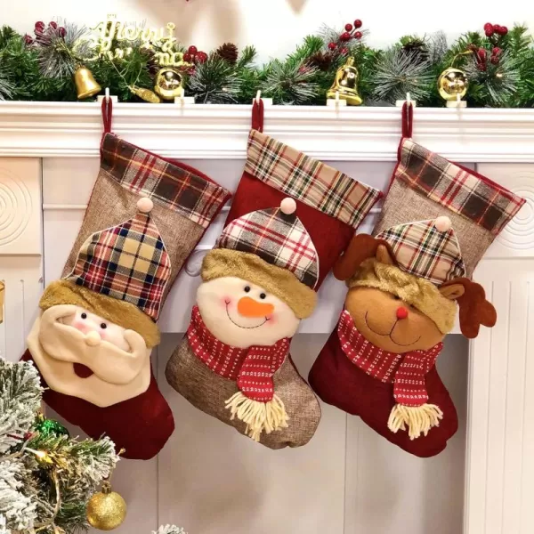 imageHopearl 3 Pcs Christmas Stockings 20 Large Stocking Set with 3D Snowman Santa Claus Deer Socks with Plush Cuff Flax Gift Bags for Kids Holiday Fireplace Hanging Xmas Party Decorations