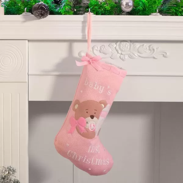 imageHopearl Baby Christmas Stocking for Baby 1st Year Xmas Sock Knitted Cute Bear Sock Ornament Gift Bag for Baby Girl Family Xmas Tree Party Supplies Pink 18