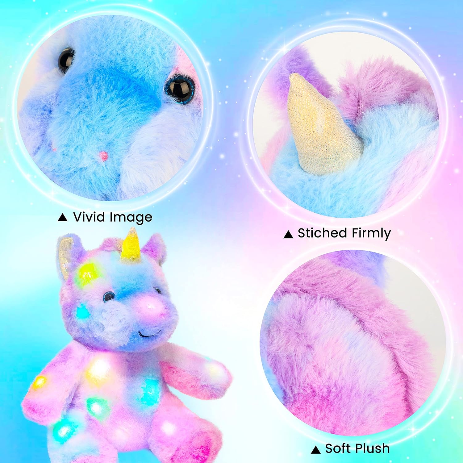 imageHopearl Colorful LED Plush Unicorn Lighting Up Stuffed Animal Floppy Night Lights Glow in The Dark Birthday Festival for Kids Toddler Girls Rainbow 115