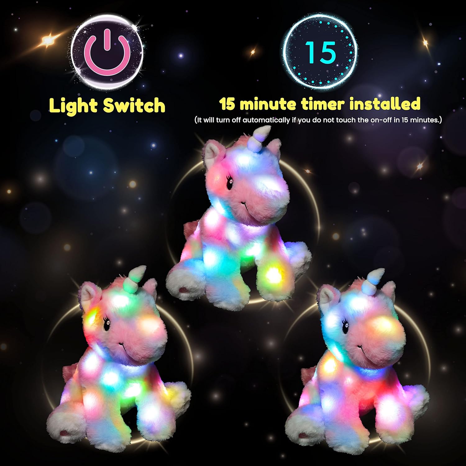 imageHopearl LED Plush Unicorn Colorful Lighting Up Stuffed Animal Floppy Night Lights Glow in The Dark Birthday Gifts for Kids Toddler Girls Rainbow 12