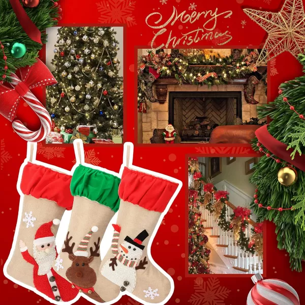 imageHopearl 3 pcs Large Christmas Stockings Kit Flax Rustic Santa Snowman Rudolph Socks with Ruffle Cuff Gift Bags for Family Party Ornament Holiday Decor with Jingle Bell 22