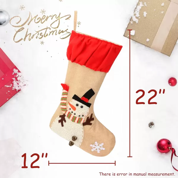 imageHopearl 3 pcs Large Christmas Stockings Kit Flax Rustic Santa Snowman Rudolph Socks with Ruffle Cuff Gift Bags for Family Party Ornament Holiday Decor with Jingle Bell 22