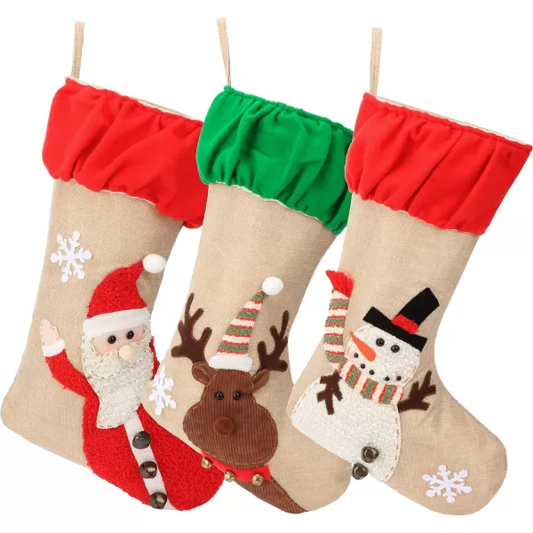 imageHopearl 3 pcs Large Christmas Stockings Kit Flax Rustic Santa Snowman Rudolph Socks with Ruffle Cuff Gift Bags for Family Party Ornament Holiday Decor with Jingle Bell 22