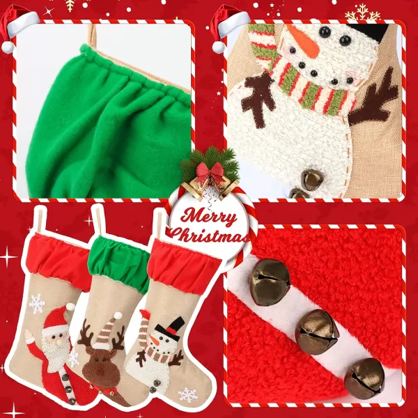 imageHopearl 3 pcs Large Christmas Stockings Kit Flax Rustic Santa Snowman Rudolph Socks with Ruffle Cuff Gift Bags for Family Party Ornament Holiday Decor with Jingle Bell 22