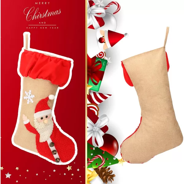 imageHopearl 3 pcs Large Christmas Stockings Kit Flax Rustic Santa Snowman Rudolph Socks with Ruffle Cuff Gift Bags for Family Party Ornament Holiday Decor with Jingle Bell 22