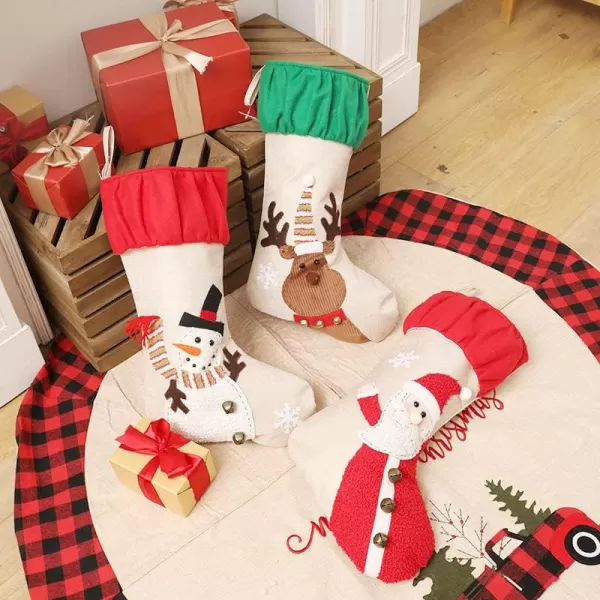 imageHopearl 3 pcs Large Christmas Stockings Kit Flax Rustic Santa Snowman Rudolph Socks with Ruffle Cuff Gift Bags for Family Party Ornament Holiday Decor with Jingle Bell 22