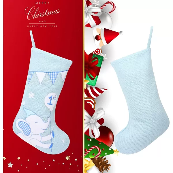 imageHopearl Baby Christmas Stocking for Baby 1st Year Xmas Sock Knitted Cute Elephant Sock Ornament Gift Bag for Baby Boy Family Xmas Tree Party Supplies Blue 18