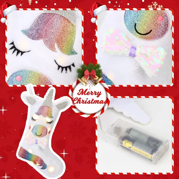 imageHopearl LED Christmas Unicorn Stocking Glowing Sock Light Up Ornament Gift Bags for Kids Girls Party Decorations White 18