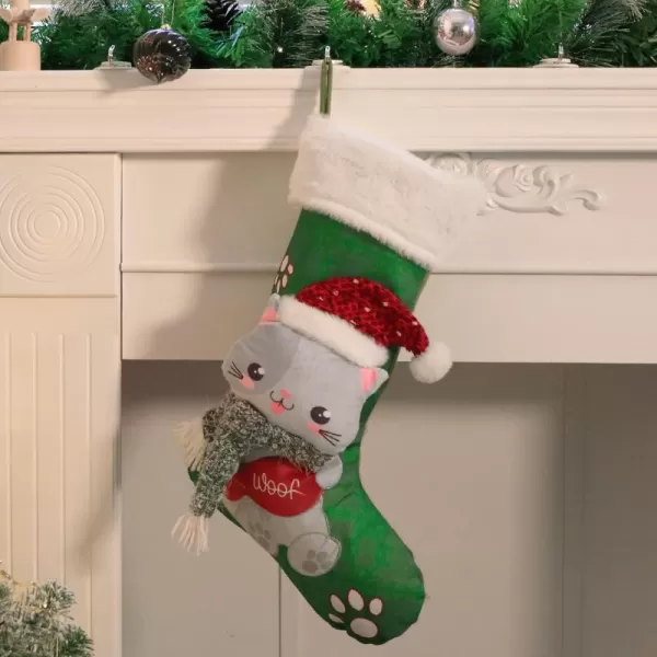 imageHopearl 21 Cat Christmas Stocking 3D Large Pet Xmas Sock Kitty Ornament Gift Bags for Pets Ornament Kitten Decoration Holiday Party Supply Green