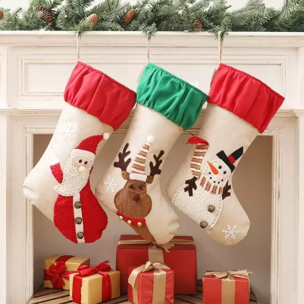 imageHopearl 3 pcs Large Christmas Stockings Kit Flax Rustic Santa Snowman Rudolph Socks with Ruffle Cuff Gift Bags for Family Party Ornament Holiday Decor with Jingle Bell 22