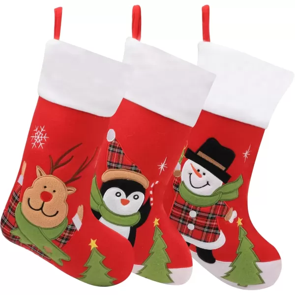 imageHopearl 3 Pcs Christmas Stockings Kit Cute Socks with Snowman Reindeer Penguin Pack of 3 Ornament Gift Bags for Family Xmas Tree Party Supplies Red 19