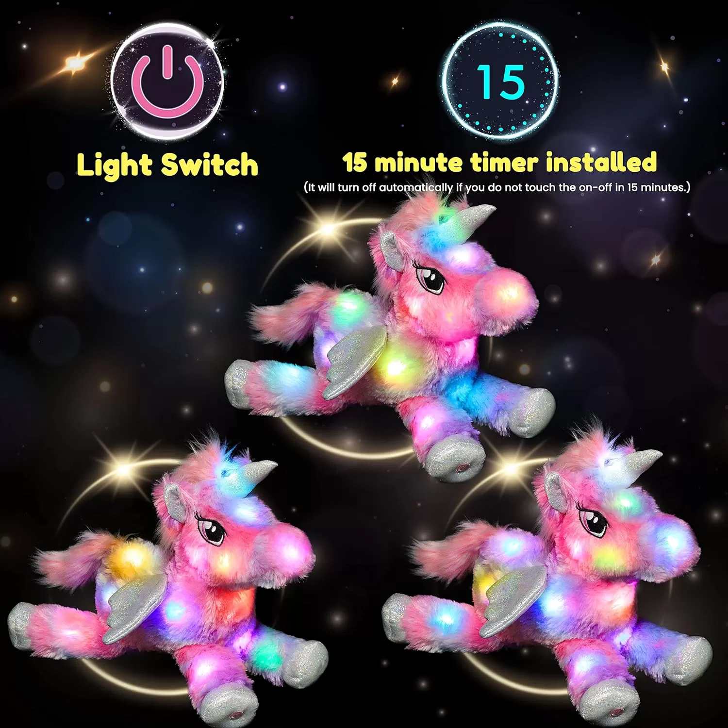 imageHopearl Colorful LED Plush Unicorn Light up Stuffed Animal Floppy Night Lights Glow in The Dark Birthday Festival for Kids Toddler Girls Rainbow 16