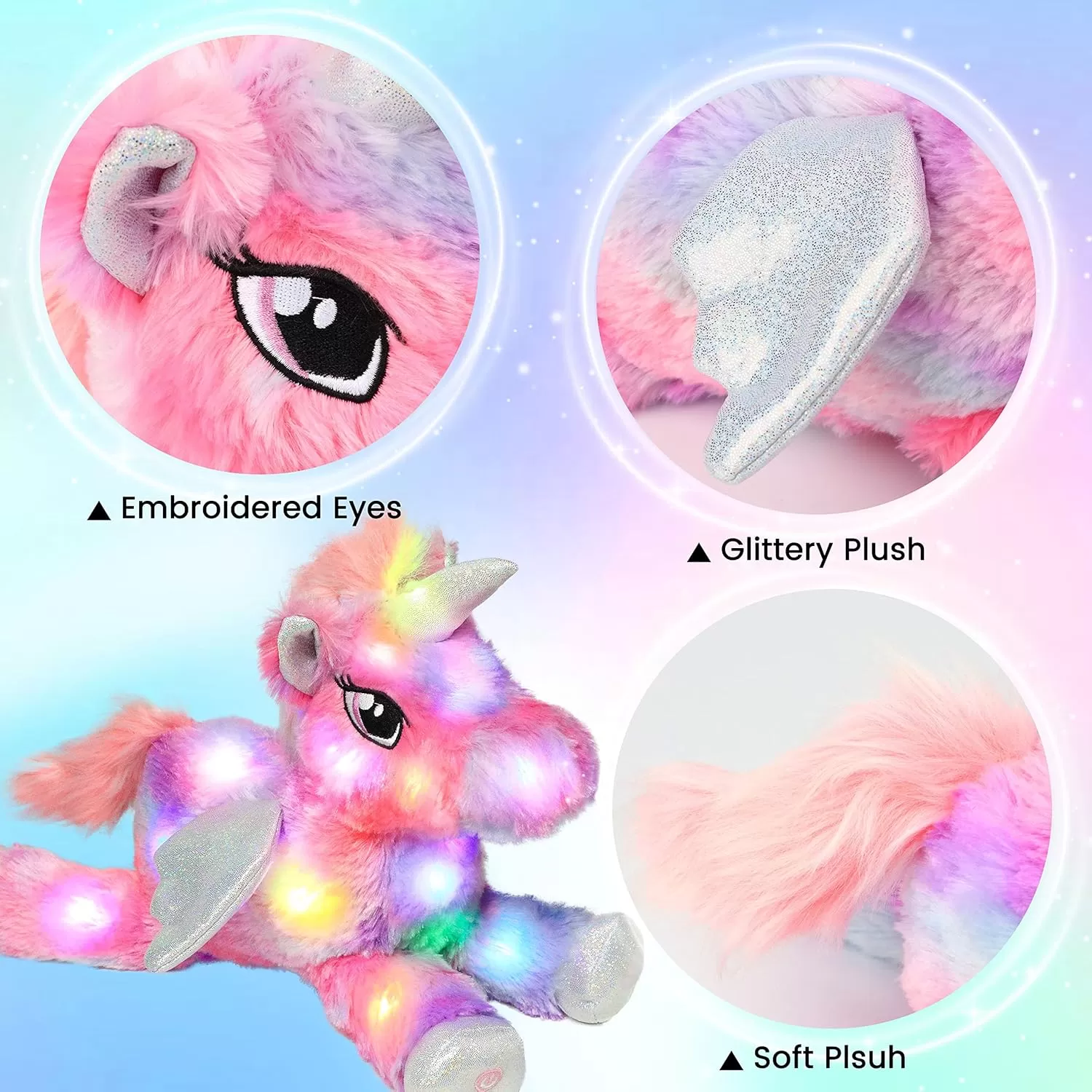 imageHopearl Colorful LED Plush Unicorn Light up Stuffed Animal Floppy Night Lights Glow in The Dark Birthday Festival for Kids Toddler Girls Rainbow 16