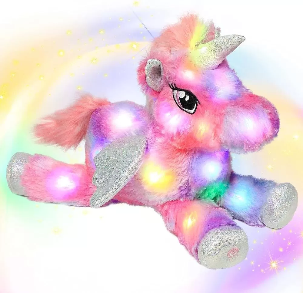 imageHopearl Colorful LED Plush Unicorn Light up Stuffed Animal Floppy Night Lights Glow in The Dark Birthday Festival for Kids Toddler Girls Rainbow 16