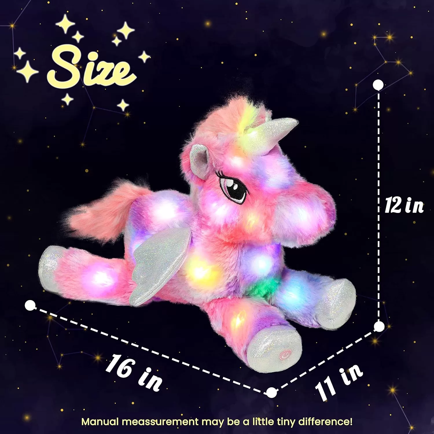 imageHopearl Colorful LED Plush Unicorn Light up Stuffed Animal Floppy Night Lights Glow in The Dark Birthday Festival for Kids Toddler Girls Rainbow 16