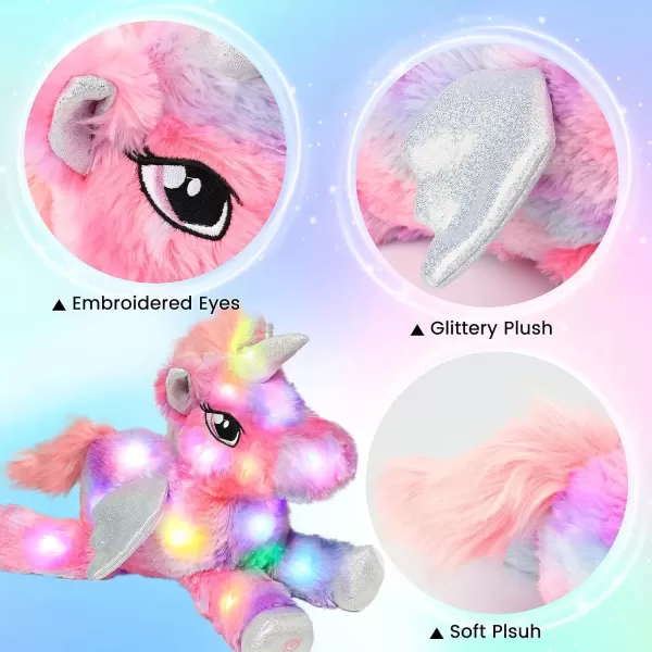 imageHopearl Colorful LED Plush Unicorn Light up Stuffed Animal Floppy Night Lights Glow in The Dark Birthday Festival for Kids Toddler Girls Rainbow 16