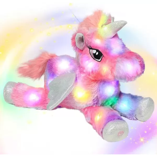 imageHopearl Colorful LED Plush Unicorn Light up Stuffed Animal Floppy Night Lights Glow in The Dark Birthday Festival for Kids Toddler Girls Rainbow 16