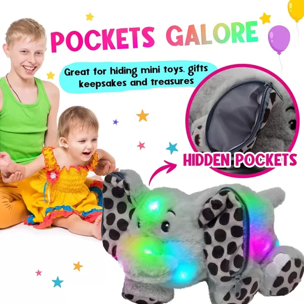 imageHopearl LED Musical Stuffed Elephant with Hidden Pockets Light up Singing Plush Toy Stuffed Animal with 6 Mini Random Filled Toys Lullaby Animated Soothe Gifts for Kids Toddlers Gray 13