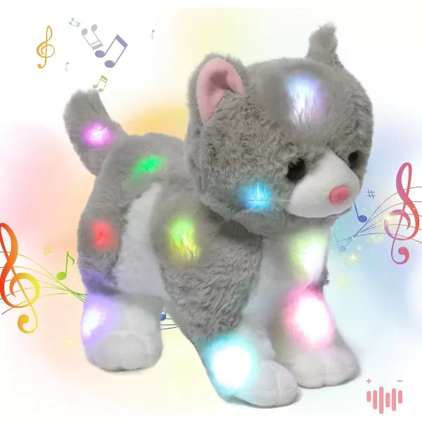 imageHopearl LED Musical Stuffed Kitty Light up Singing Plush Cat Adjustable Volume Lullaby Animated Soothe Birthday Gifts for Kids Toddler Girls Grey 135