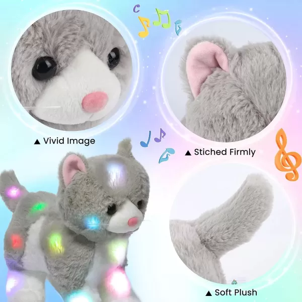 imageHopearl LED Musical Stuffed Kitty Light up Singing Plush Cat Adjustable Volume Lullaby Animated Soothe Birthday Gifts for Kids Toddler Girls Grey 135