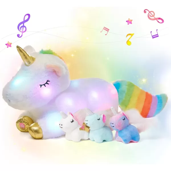 imageHopearl LED Musical Stuffed Unicorn Playset Lighting Up Singing Plush Toy Mommy Unicorn with 3 Baby Unicorns in her Tummy Adjustable Volume Lullaby Animated Soothe Gifts for Kids Girls White 19