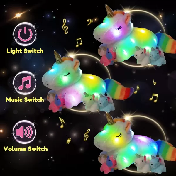 imageHopearl LED Musical Stuffed Unicorn Playset Lighting Up Singing Plush Toy Mommy Unicorn with 3 Baby Unicorns in her Tummy Adjustable Volume Lullaby Animated Soothe Gifts for Kids Girls White 19