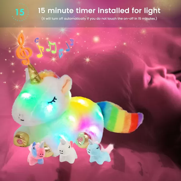 imageHopearl LED Musical Stuffed Unicorn Playset Lighting Up Singing Plush Toy Mommy Unicorn with 3 Baby Unicorns in her Tummy Adjustable Volume Lullaby Animated Soothe Gifts for Kids Girls White 19