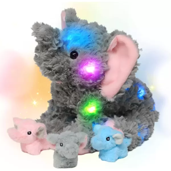 imageHopearl LED Plush Calf Elephant Lighting Up Stuffed Mommy Elephant with 3 Baby Elephish in her Tummy Stuffed Animal Playset Night Lights Glow in The Dark for Mom Toddlers Gray 18