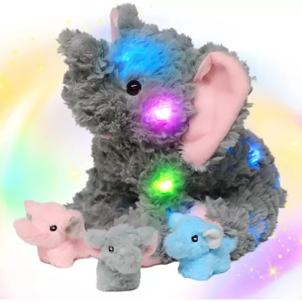 imageHopearl LED Plush Calf Elephant Lighting Up Stuffed Mommy Elephant with 3 Baby Elephish in her Tummy Stuffed Animal Playset Night Lights Glow in The Dark for Mom Toddlers Gray 18