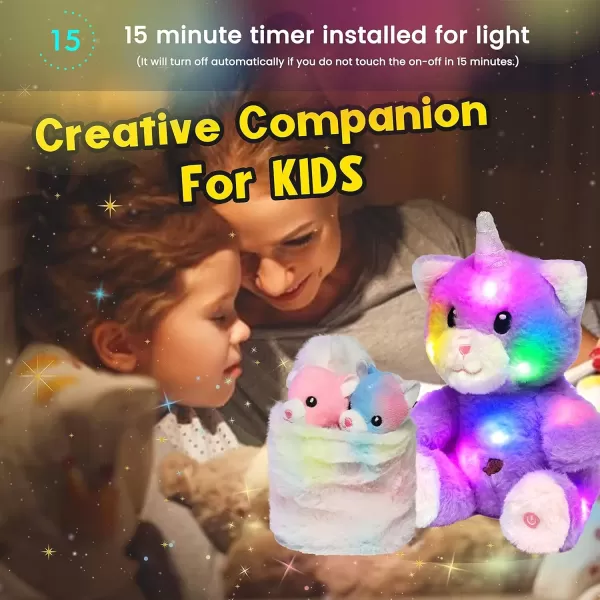 imageHopearl LED Plush Cat with Removable Bucket Lighting Up Stuffed Mommy Cat with 3 Baby Kittens in The Basket Floppy Stuffed Animal Playset Night Lights Glow in The Dark Birthday Gifts for Kids 12