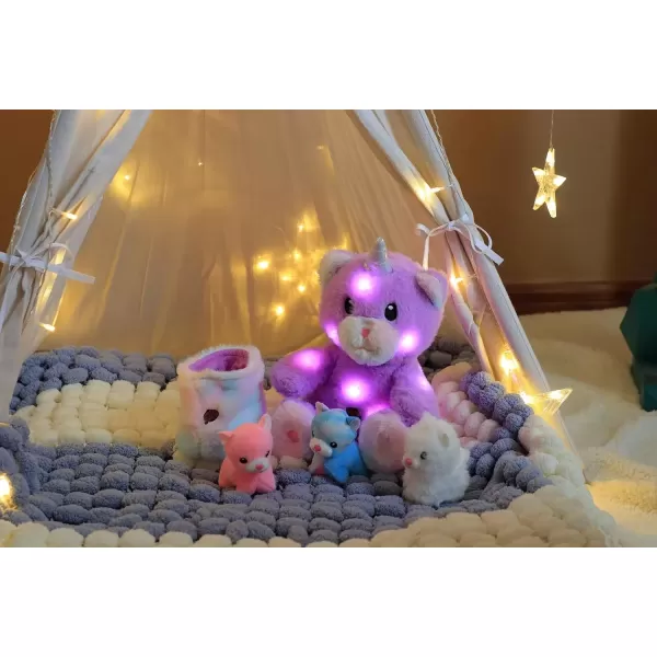 imageHopearl LED Plush Cat with Removable Bucket Lighting Up Stuffed Mommy Cat with 3 Baby Kittens in The Basket Floppy Stuffed Animal Playset Night Lights Glow in The Dark Birthday Gifts for Kids 12