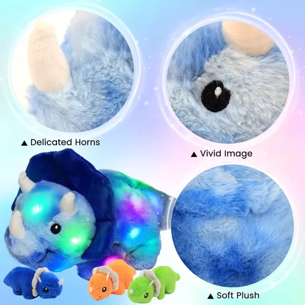 imageHopearl LED Plush Dinosaur Lighting Up Stuffed Mommy Triceratops with 3 Babies in her Tummy Floppy Stuffed Animal Playset Night Lights Glow in The Dark Gifts for Kids Toddler Boys Blue 15