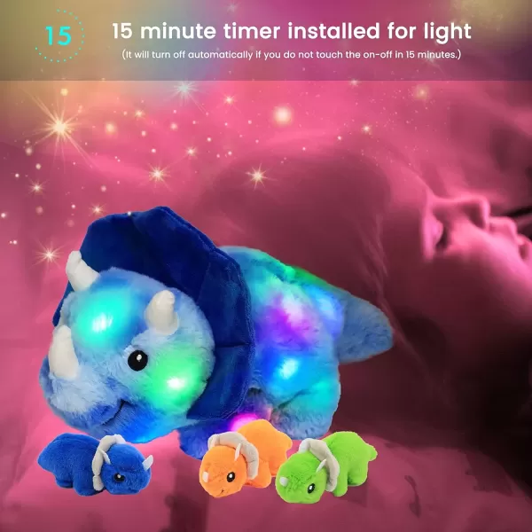 imageHopearl LED Plush Dinosaur Lighting Up Stuffed Mommy Triceratops with 3 Babies in her Tummy Floppy Stuffed Animal Playset Night Lights Glow in The Dark Gifts for Kids Toddler Boys Blue 15