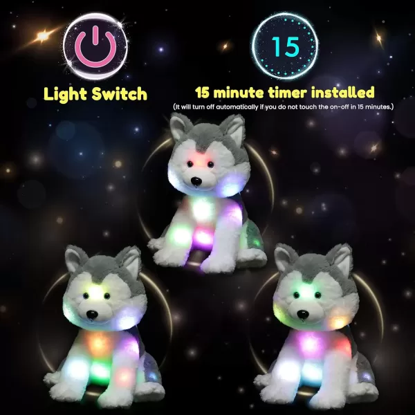 imageHopearl LED Plush Husky Light up Stuffed Animal Dog Floppy Puppy Night Lights Glow in The Dark Birthday Festival for Kids Toddler Girls Gray 12