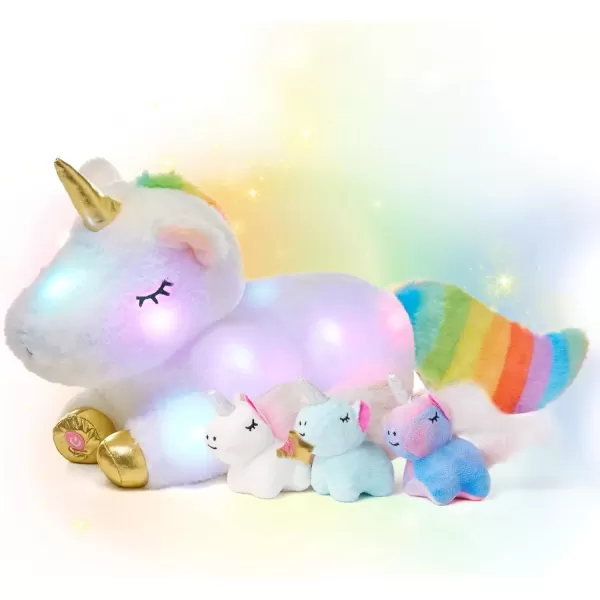 imageHopearl LED Plush Unicorn Lighting Up Stuffed Mommy Unicorn with 3 Baby Unicorns in her Tummy Floppy Stuffed Animal Playset Night Lights Glow in The Dark Gifts for Kids Toddler Girls White 19