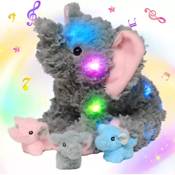 imageHopearl LED Musical Stuffed Calf Elephant Lighting Up Singing Plush Toy Playset Mommy Elephant with 3 Baby Elephish in her Tummy Lullaby Animated Soothe for Mom Kids Gray 18