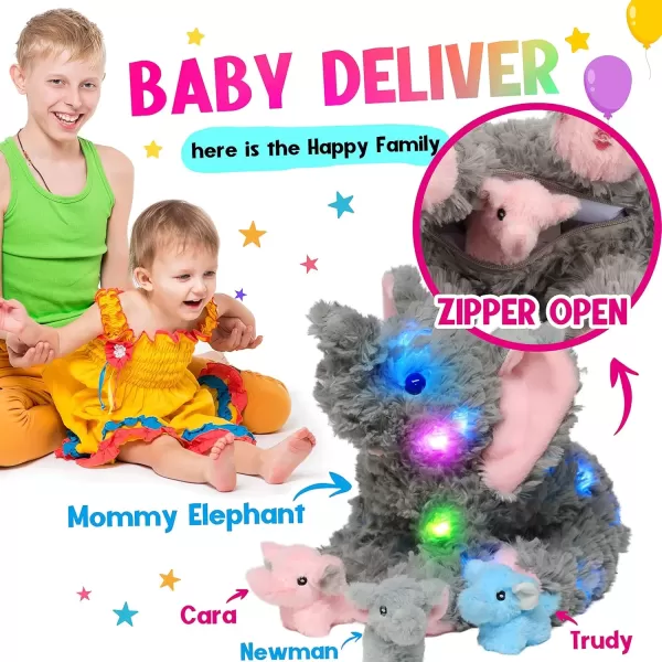 imageHopearl LED Musical Stuffed Calf Elephant Lighting Up Singing Plush Toy Playset Mommy Elephant with 3 Baby Elephish in her Tummy Lullaby Animated Soothe for Mom Kids Gray 18