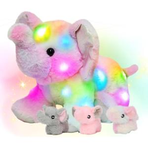 imageHopearl LED Stuffed Rabbit Lighting Up Bunny Plush Toy Playset Mommy with 3 Babies in her Tummy Lullaby Animated Soothe for Mom Kids Toddler Girls Rainbow 12ElephantLED no music