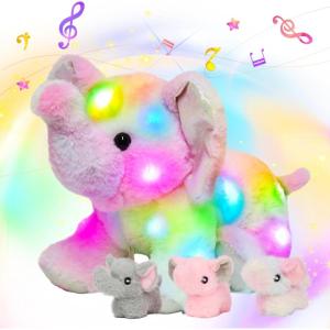 imageHopearl LED Stuffed Rabbit Lighting Up Bunny Plush Toy Playset Mommy with 3 Babies in her Tummy Lullaby Animated Soothe for Mom Kids Toddler Girls Rainbow 12ElephantLED  Music