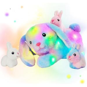 imageHopearl LED Stuffed Rabbit Lighting Up Bunny Plush Toy Playset Mommy with 3 Babies in her Tummy Lullaby Animated Soothe for Mom Kids Toddler Girls Rainbow 12BunnyLED no music