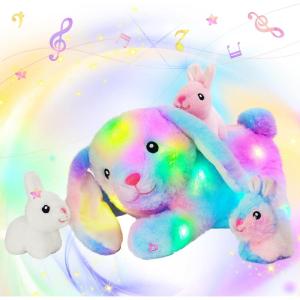 imageHopearl LED Stuffed Rabbit Lighting Up Bunny Plush Toy Playset Mommy with 3 Babies in her Tummy Lullaby Animated Soothe for Mom Kids Toddler Girls Rainbow 12BunnyLED  Music