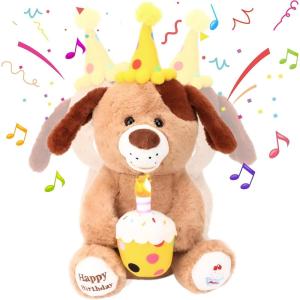 imageHopearl Adorable Happy Birthday Dog with Glowing Cupcake Musical Stuffed Animal Puppy Singing and Shaking Plush Toy Interactive Animated Kids Gifts Brown 15