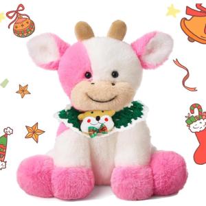 imageHopearl Adorable Plush Cow Toy Floppy Dairy Cattle Soft Stuffed Animal Cute Birthday Gifts for Boys Girls Kids Toddlers Pink 9Xmas Pink