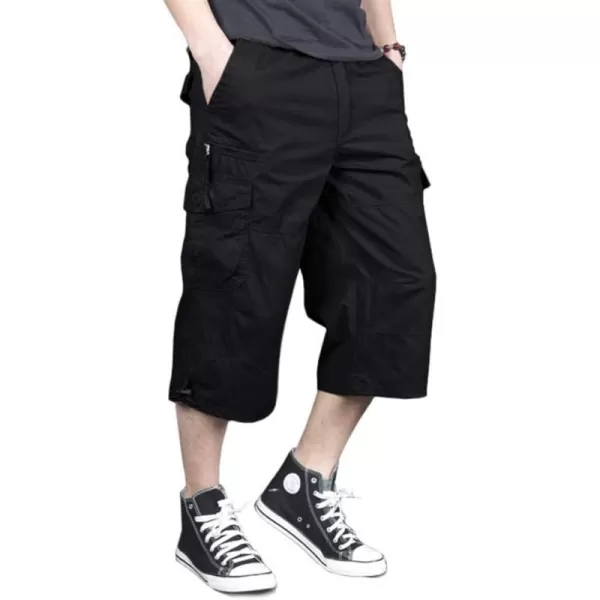 MAGNIVIT Mens Capri Long Elastic Cargo Shorts Below Knee Shorts 34 Cotton Cargo Casual Shorts with MultiPocketsBlack