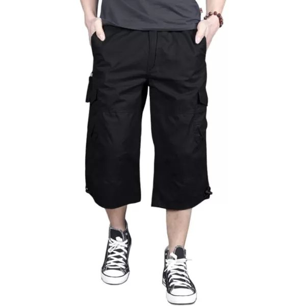 MAGNIVIT Mens Capri Long Elastic Cargo Shorts Below Knee Shorts 34 Cotton Cargo Casual Shorts with MultiPocketsBlack