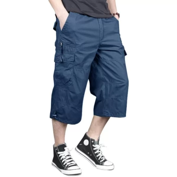 MAGNIVIT Mens Capri Long Elastic Cargo Shorts Below Knee Shorts 34 Cotton Cargo Casual Shorts with MultiPocketsBlue