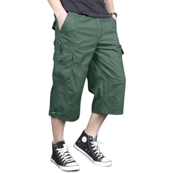 MAGNIVIT Mens Capri Long Elastic Cargo Shorts Below Knee Shorts 34 Cotton Cargo Casual Shorts with MultiPocketsGreen