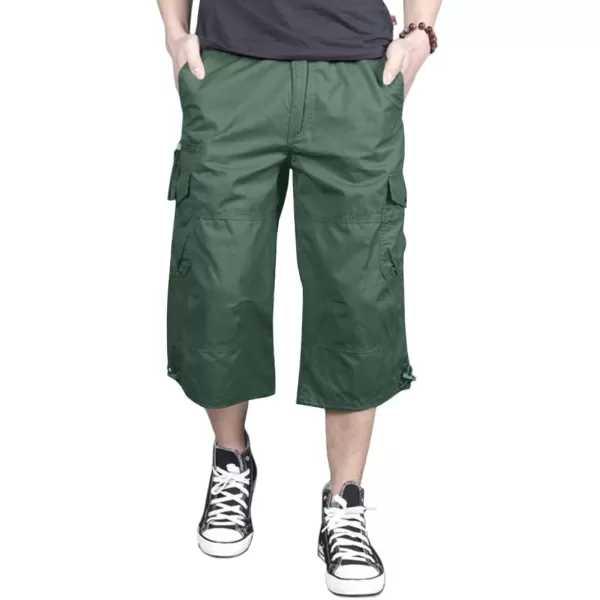 MAGNIVIT Mens Capri Long Elastic Cargo Shorts Below Knee Shorts 34 Cotton Cargo Casual Shorts with MultiPocketsGreen