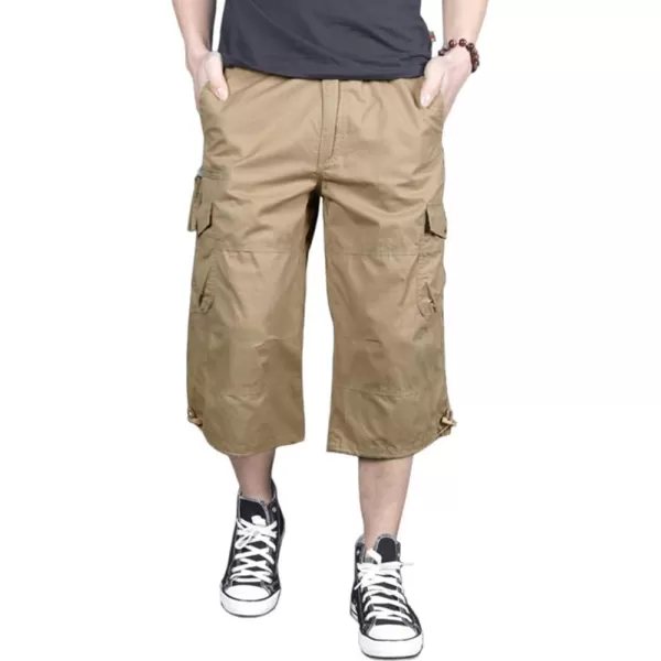 MAGNIVIT Mens Capri Long Elastic Cargo Shorts Below Knee Shorts 34 Cotton Cargo Casual Shorts with MultiPocketsKhaki